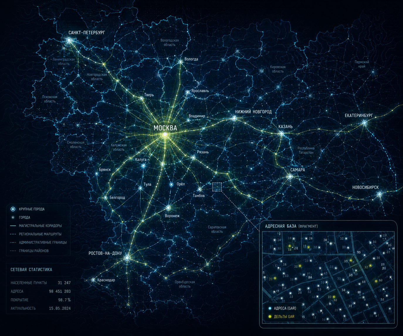 Digital map of central Russia showing Moscow, administrative boundaries, cities, transport links and a sample GAR/FIAS address change dataset